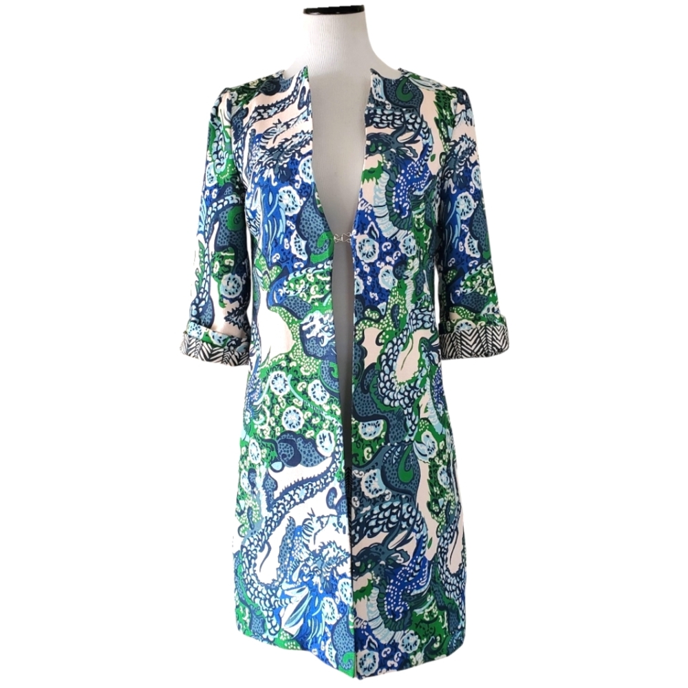 CK BRADLEY Sandpiper Green/Blue Art To Wear Open Front Lined Geometric Jacket XS - Picture 2 of 16